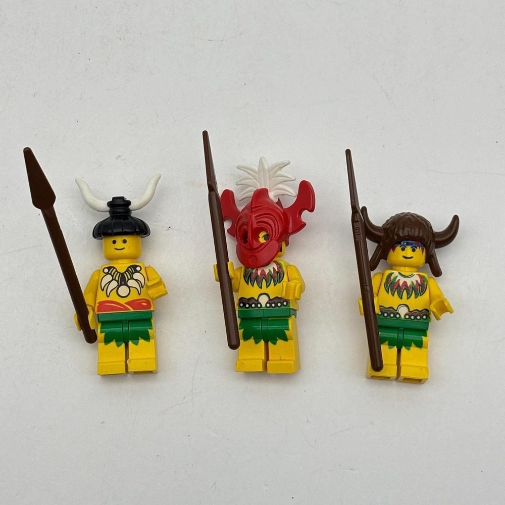 Vintage LEGO Islanders Minifigure Lot 3 Red Mask Tribal Warriors Spears 1994